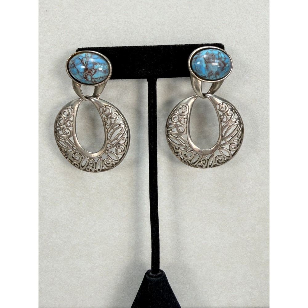 Vintage Silvertone Southwestern Style Blue Cabochon Stud Drop Dangle Earrings
